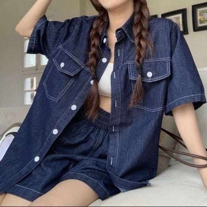 デニムセットアップ リラックス半袖デニム上下セット