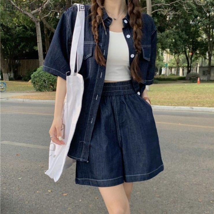 デニムセットアップ リラックス半袖デニム上下セット