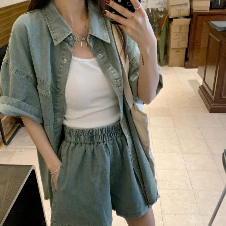 デニムセットアップ ゆったり着心地 オーバーサイズシャツ ショートパンツセット