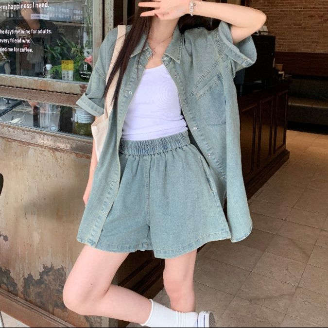 デニムセットアップ ゆったり着心地 オーバーサイズシャツ ショートパンツセット