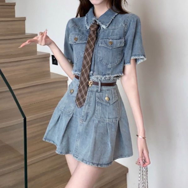 デニムセットアップ フリンジ装飾ミニスカートセット