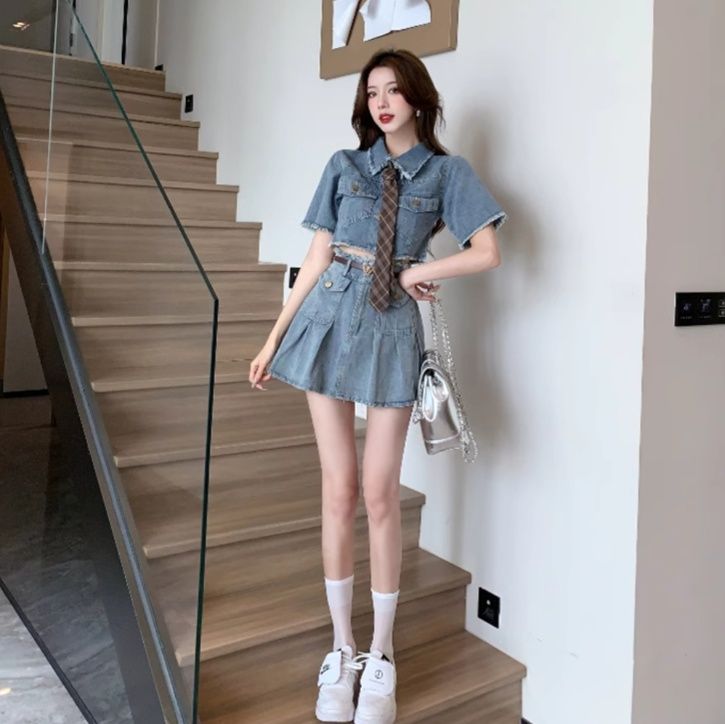 デニムセットアップ フリンジ装飾ミニスカートセット