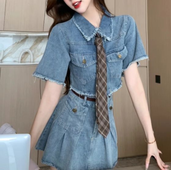 デニムセットアップ フリンジ装飾ミニスカートセット