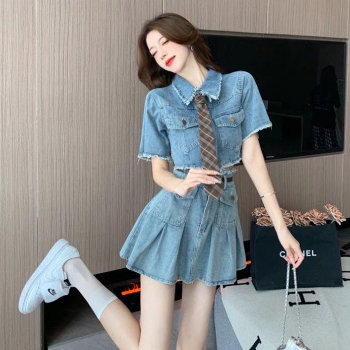 デニムセットアップ フリンジ装飾ミニスカートセット