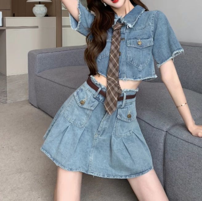 デニムセットアップ フリンジ装飾ミニスカートセット