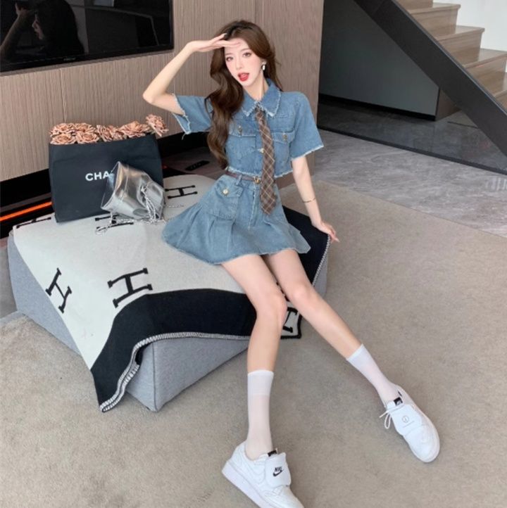 デニムセットアップ フリンジ装飾ミニスカートセット