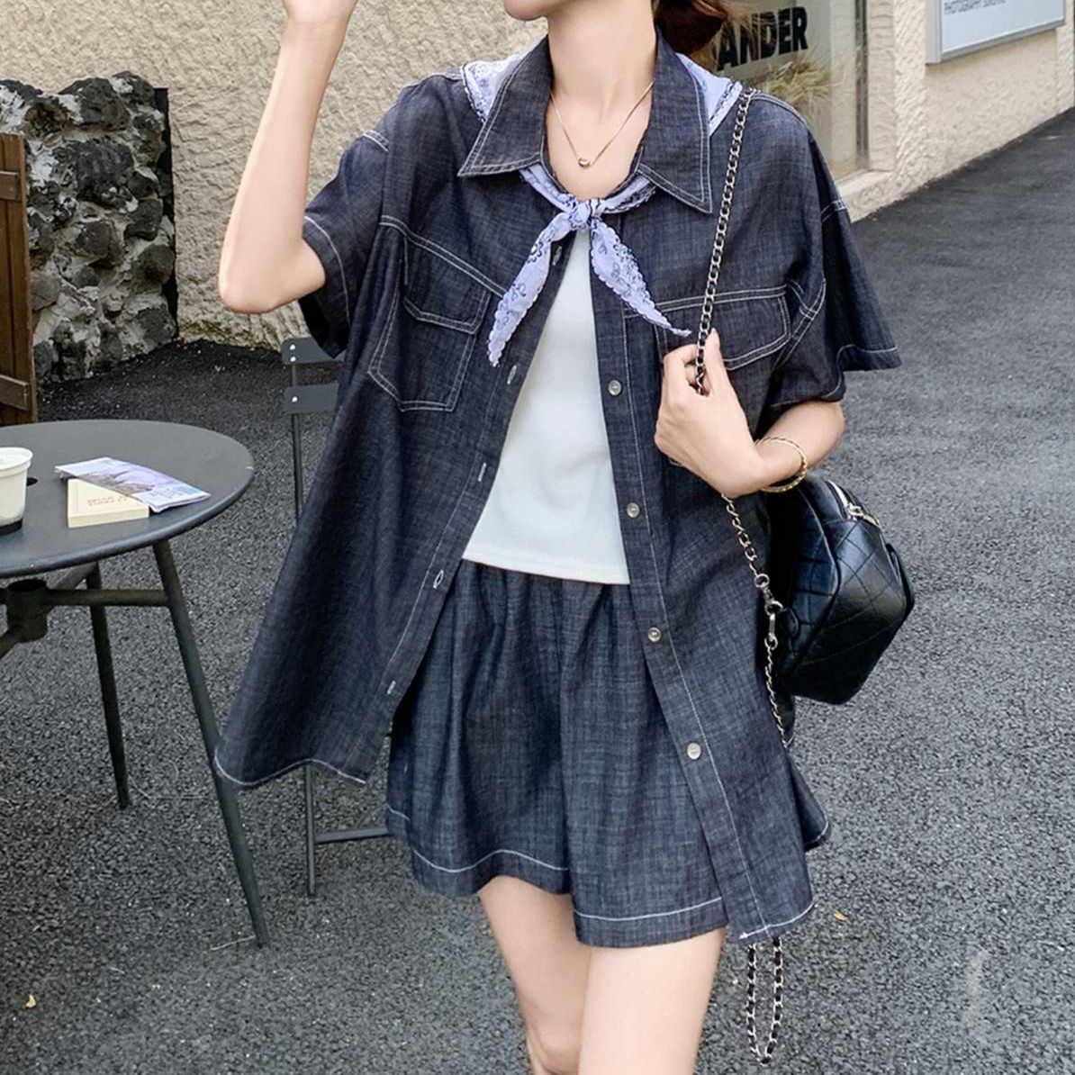 デニムセットアップ スカーフ映える半袖デニムセットアップ