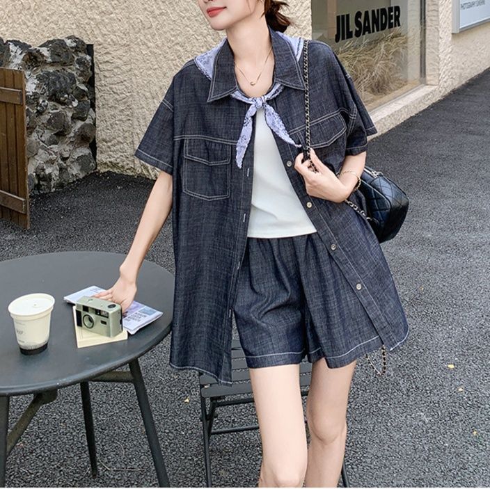 デニムセットアップ スカーフ映える半袖デニムセットアップ