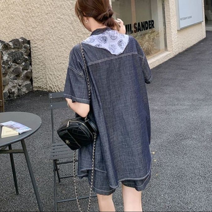 デニムセットアップ スカーフ映える半袖デニムセットアップ