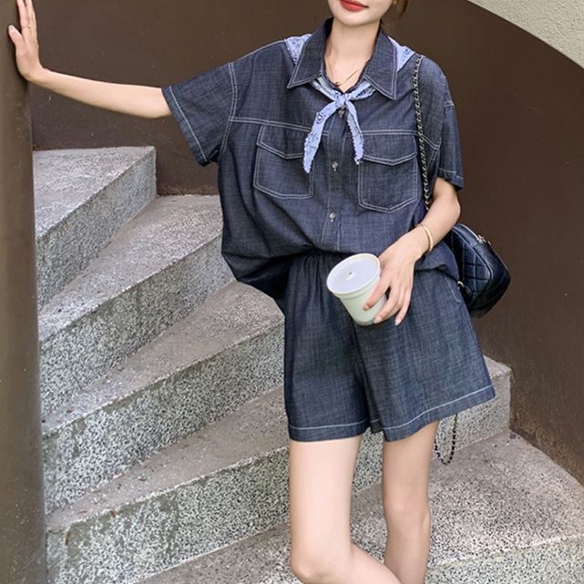 デニムセットアップ スカーフ映える半袖デニムセットアップ