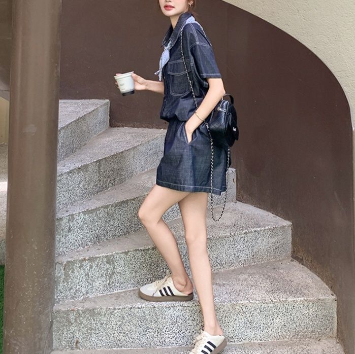 デニムセットアップ スカーフ映える半袖デニムセットアップ