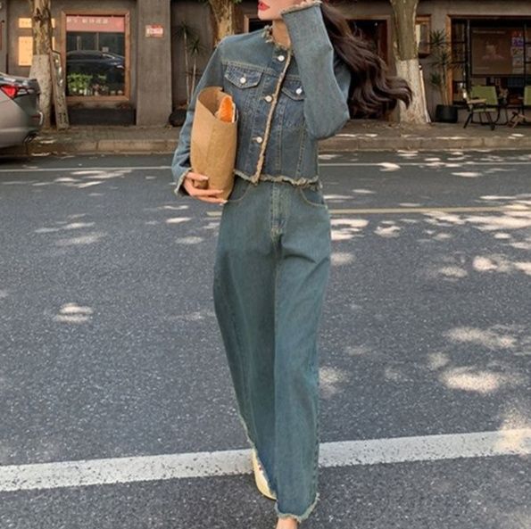 デニムセットアップ フリンジ裾ロングスカートセット