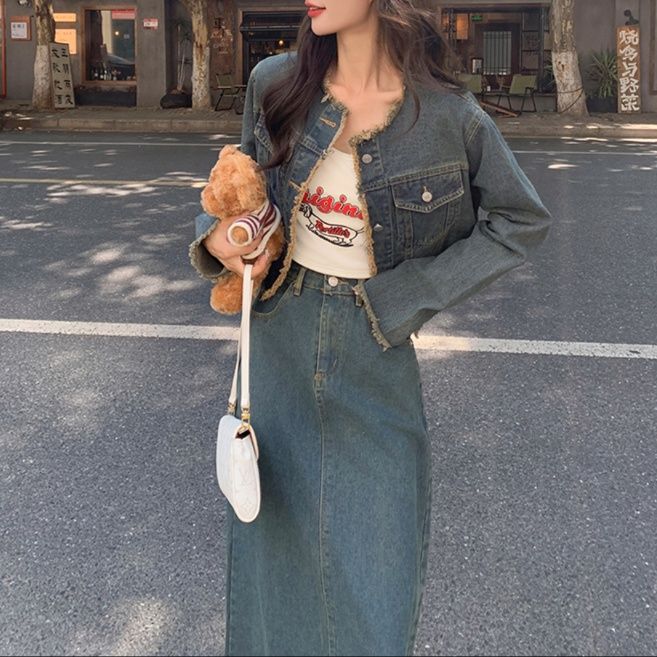 デニムセットアップ フリンジ裾ロングスカートセット