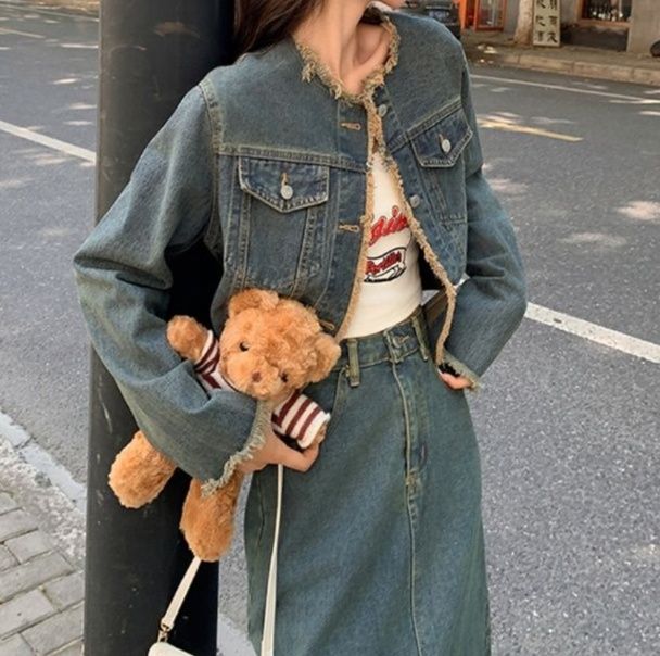 デニムセットアップ フリンジ裾ロングスカートセット