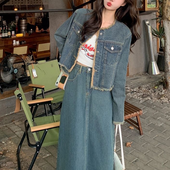 デニムセットアップ フリンジ裾ロングスカートセット