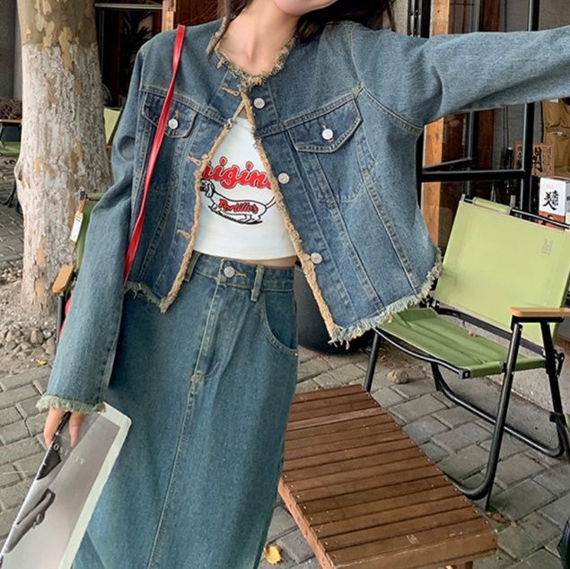 デニムセットアップ フリンジ裾ロングスカートセット