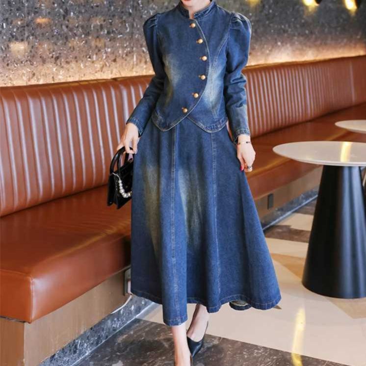 デニムセットアップ 雅な佇まい スタンドカラージャケット＆フレアロングスカート