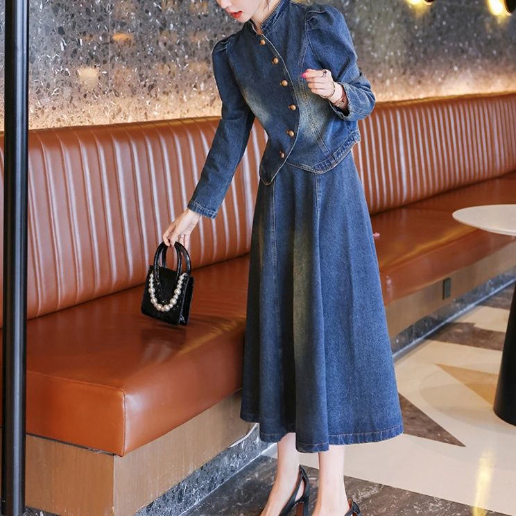 デニムセットアップ 雅な佇まい スタンドカラージャケット＆フレアロングスカート