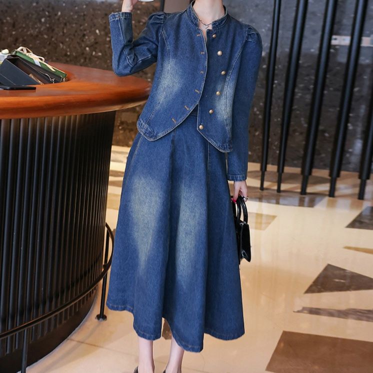 デニムセットアップ 雅な佇まい スタンドカラージャケット＆フレアロングスカート