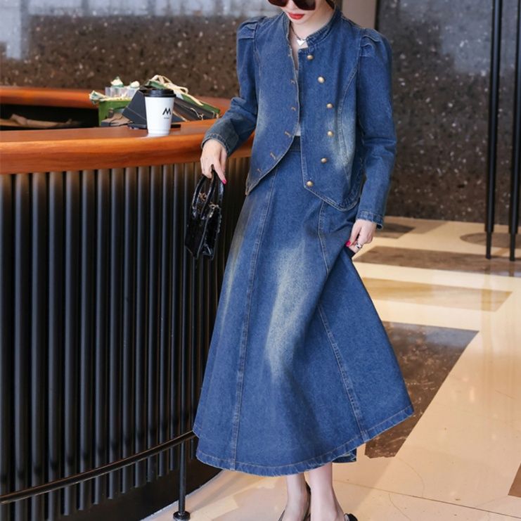 デニムセットアップ 雅な佇まい スタンドカラージャケット＆フレアロングスカート