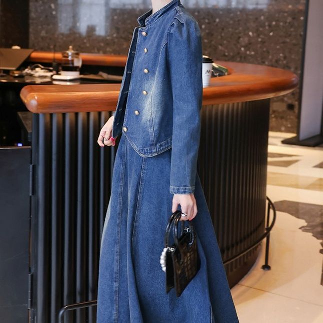 デニムセットアップ 雅な佇まい スタンドカラージャケット＆フレアロングスカート