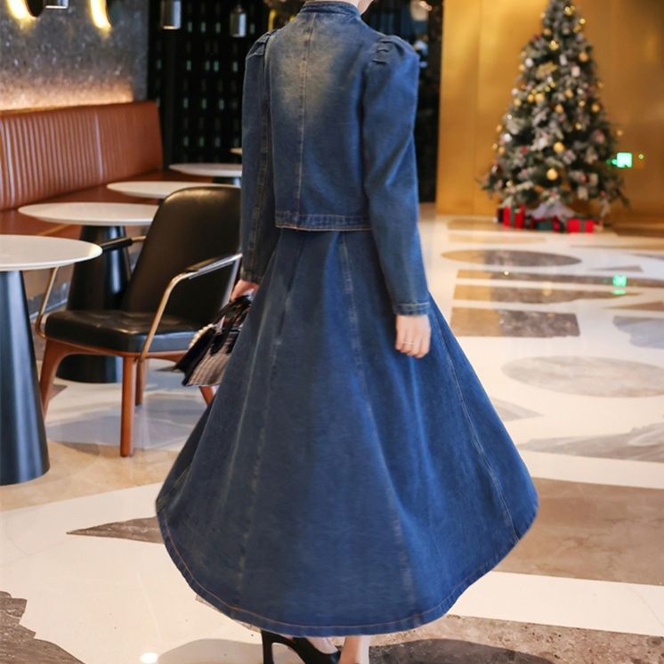 デニムセットアップ 雅な佇まい スタンドカラージャケット＆フレアロングスカート