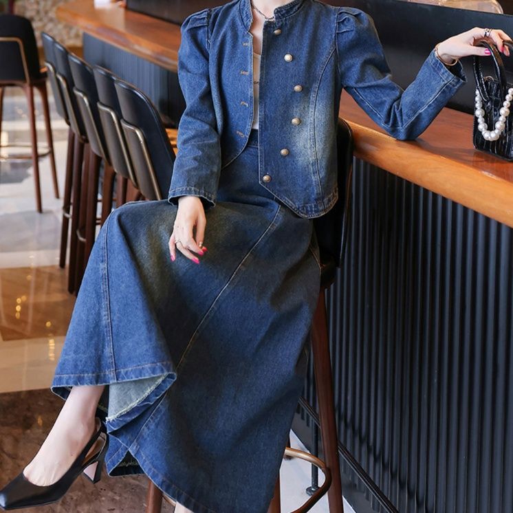 デニムセットアップ 雅な佇まい スタンドカラージャケット＆フレアロングスカート