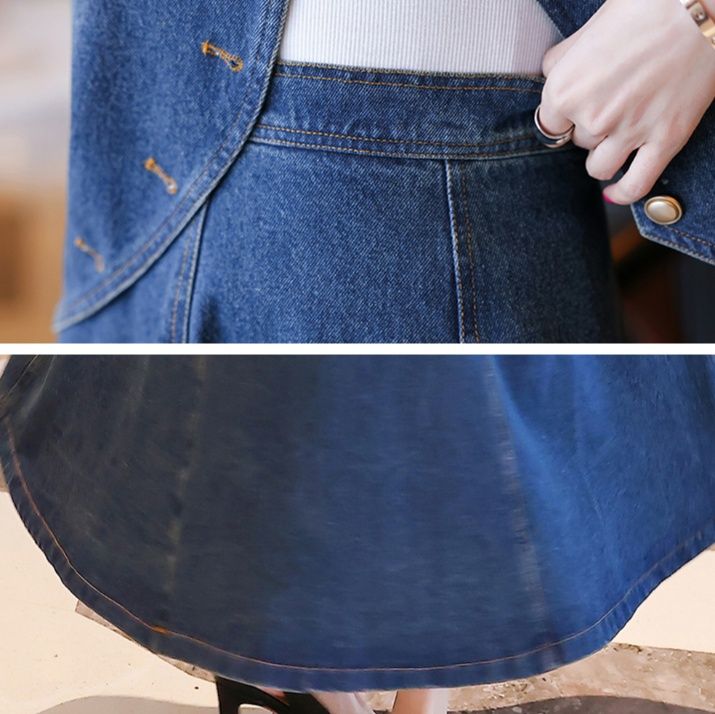 デニムセットアップ 雅な佇まい スタンドカラージャケット＆フレアロングスカート