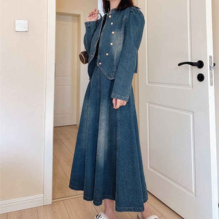 デニムセットアップ パフスリーブ調レトロセットアップ