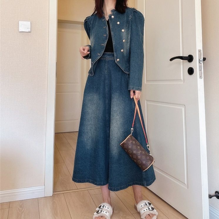 デニムセットアップ パフスリーブ調レトロセットアップ