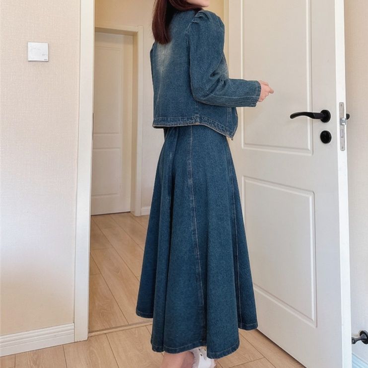 デニムセットアップ パフスリーブ調レトロセットアップ