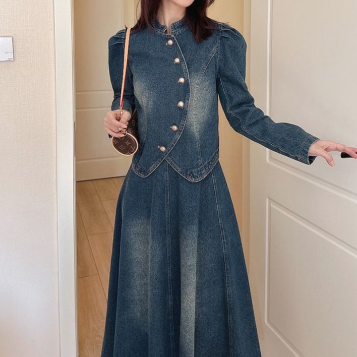 デニムセットアップ パフスリーブ調レトロセットアップ