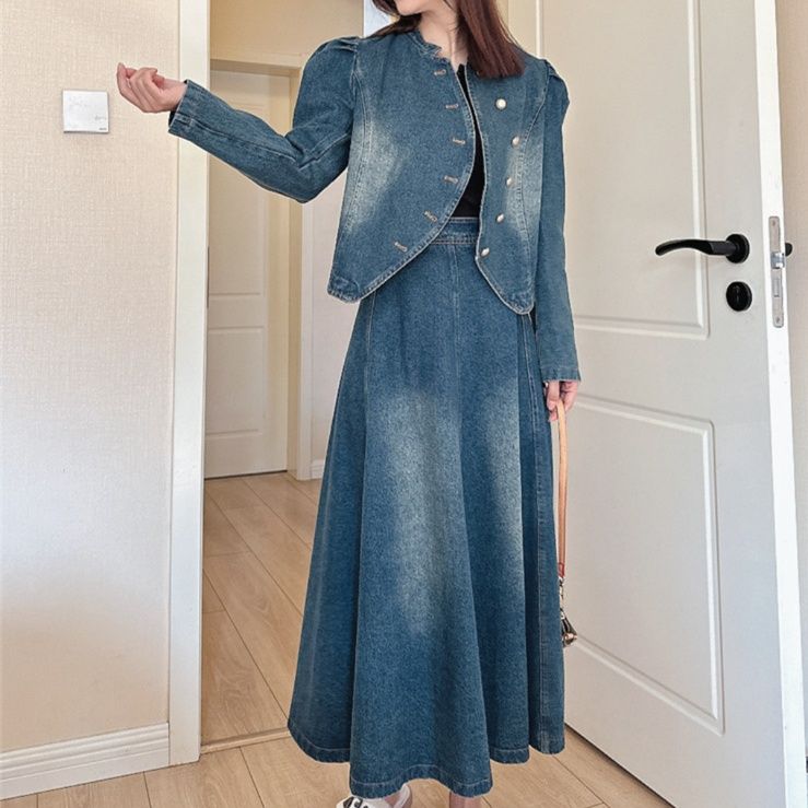 デニムセットアップ パフスリーブ調レトロセットアップ