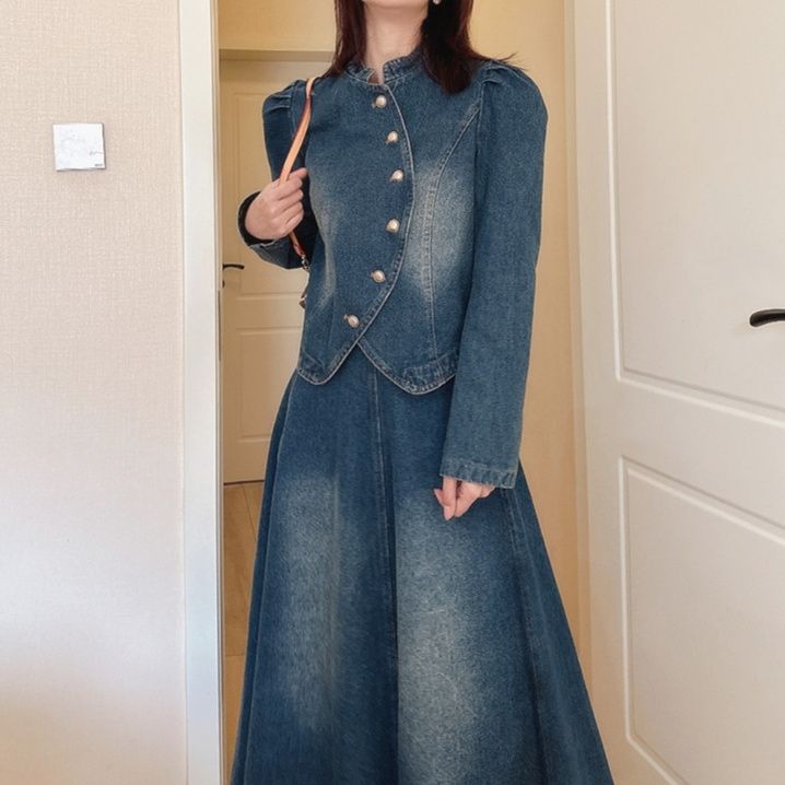 デニムセットアップ パフスリーブ調レトロセットアップ