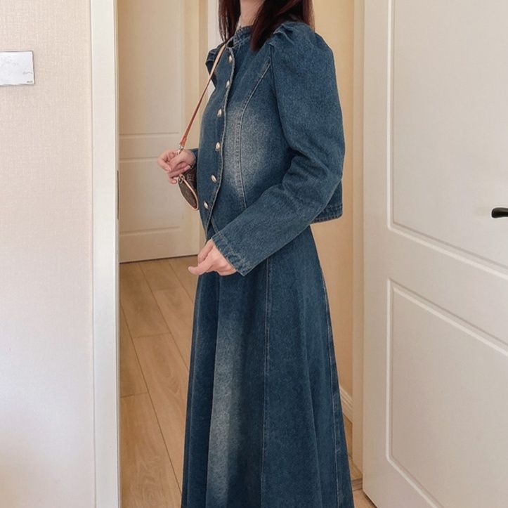 デニムセットアップ パフスリーブ調レトロセットアップ