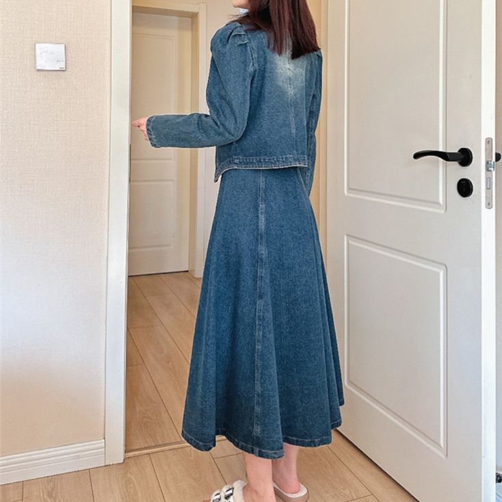 デニムセットアップ パフスリーブ調レトロセットアップ