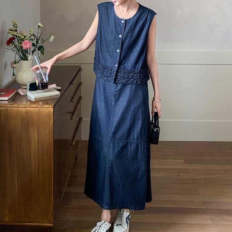 デニムセットアップ フリル裾ノースリーブデニムセット