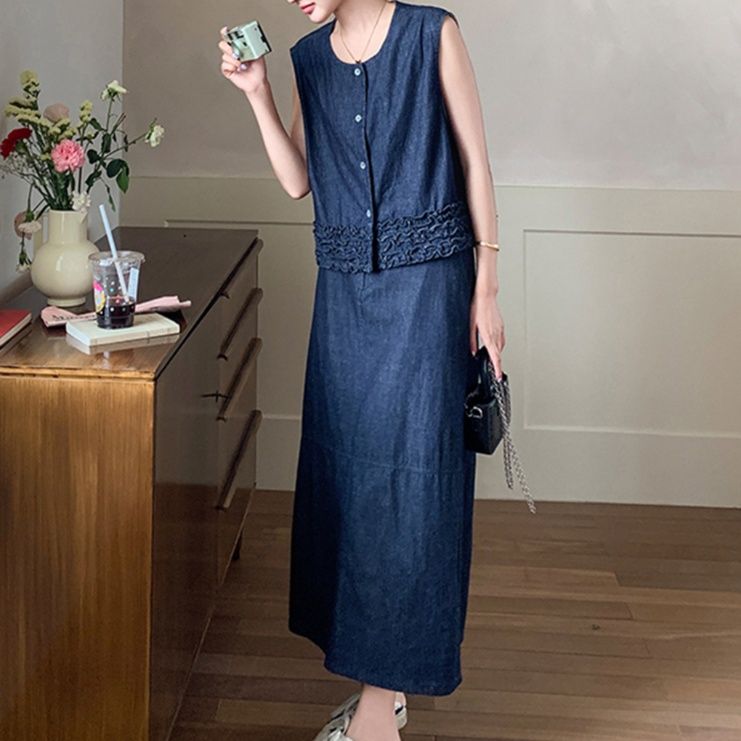 デニムセットアップ フリル裾ノースリーブデニムセット