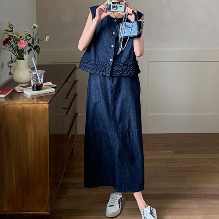 デニムセットアップ フリル裾ノースリーブデニムセット