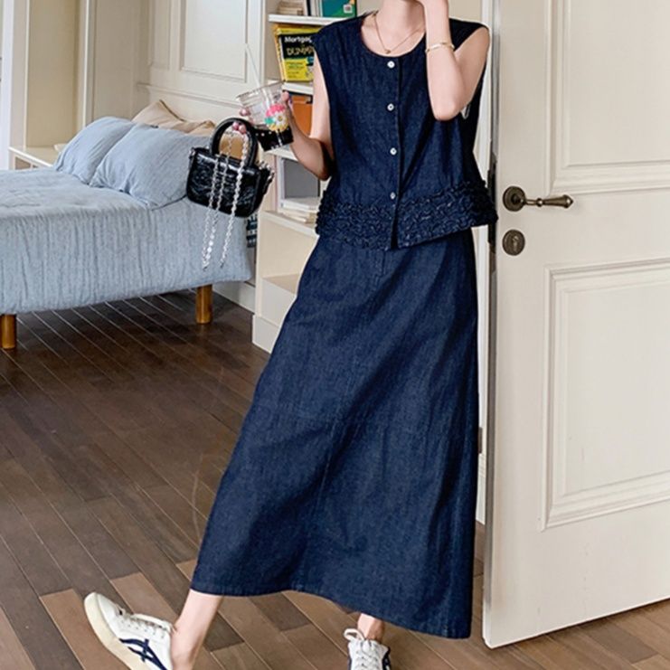 デニムセットアップ フリル裾ノースリーブデニムセット