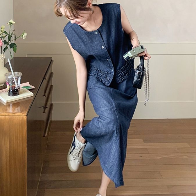 デニムセットアップ フリル裾ノースリーブデニムセット