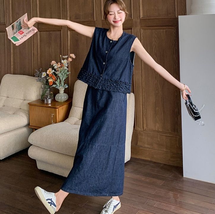 デニムセットアップ フリル裾ノースリーブデニムセット