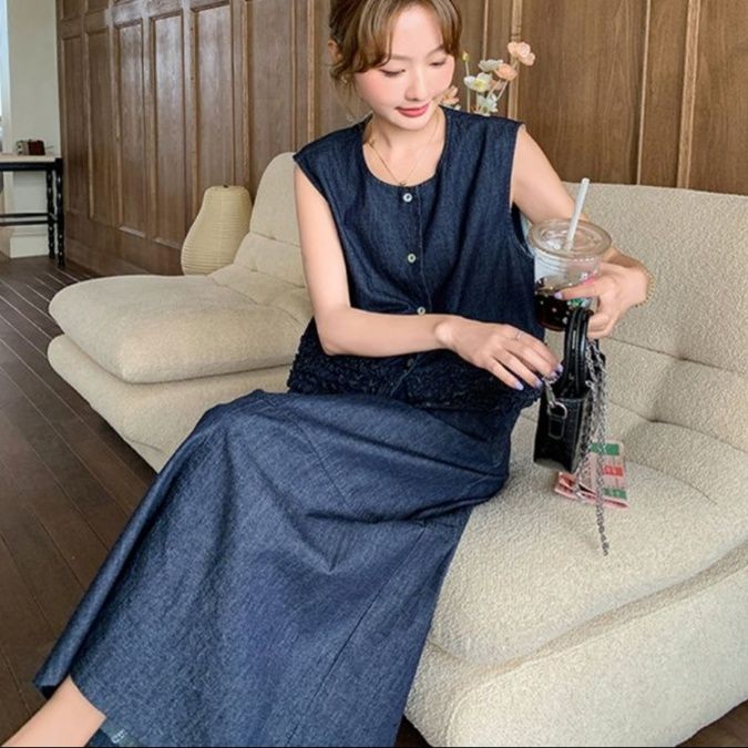 デニムセットアップ フリル裾ノースリーブデニムセット