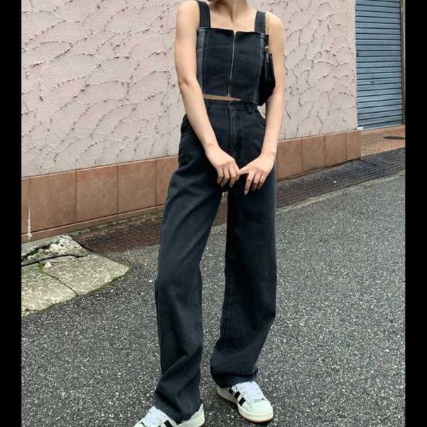 デニムセットアップ フロントジッパービスチェパンツセット