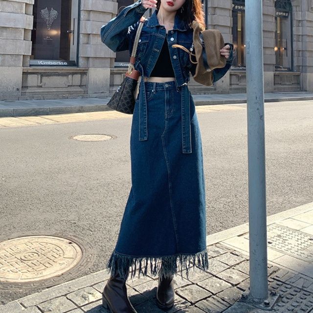 デニムセットアップ 裾フリンジロングスカートセット