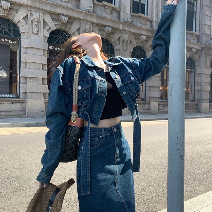 デニムセットアップ 裾フリンジロングスカートセット スカート