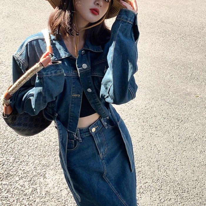 デニムセットアップ 裾フリンジロングスカートセット スカート