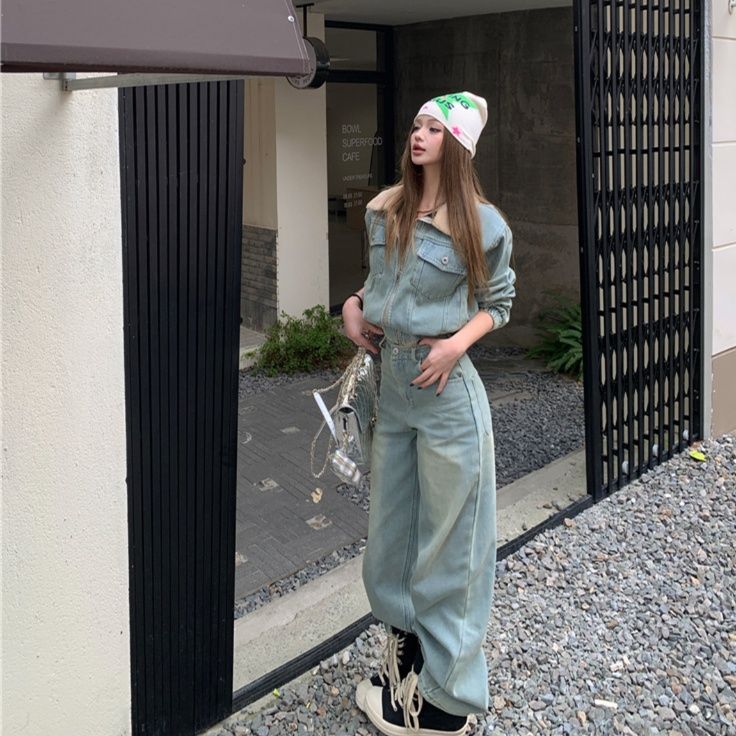 デニムセットアップ ゆったりシルエット上下セット綿素材ジャケット