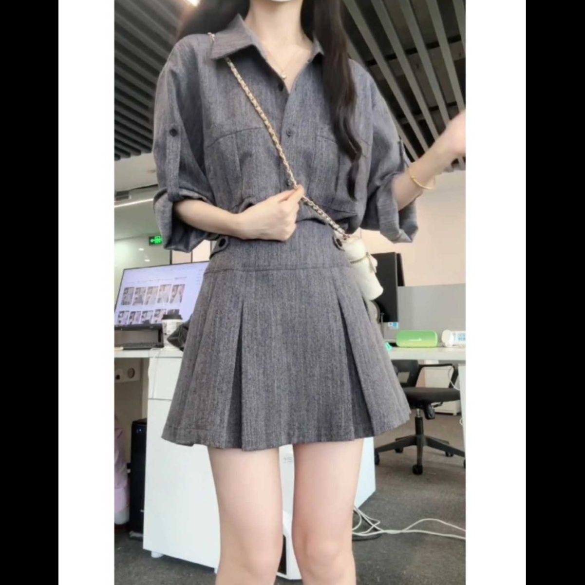 デニムセットアップ シャツ×プリーツミニスカート セット