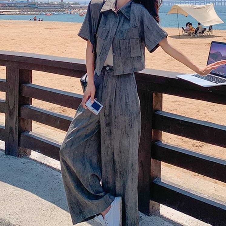 デニムセットアップ リゾート風ワイドシルエット上下セット